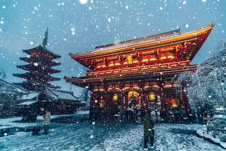 Japanese Temple during a fluffy snowfall