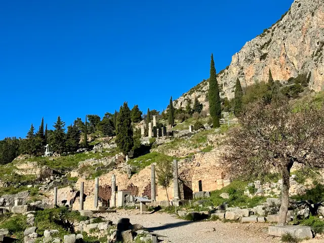 The hillside ruins and temple terraces of Delphi, Greece