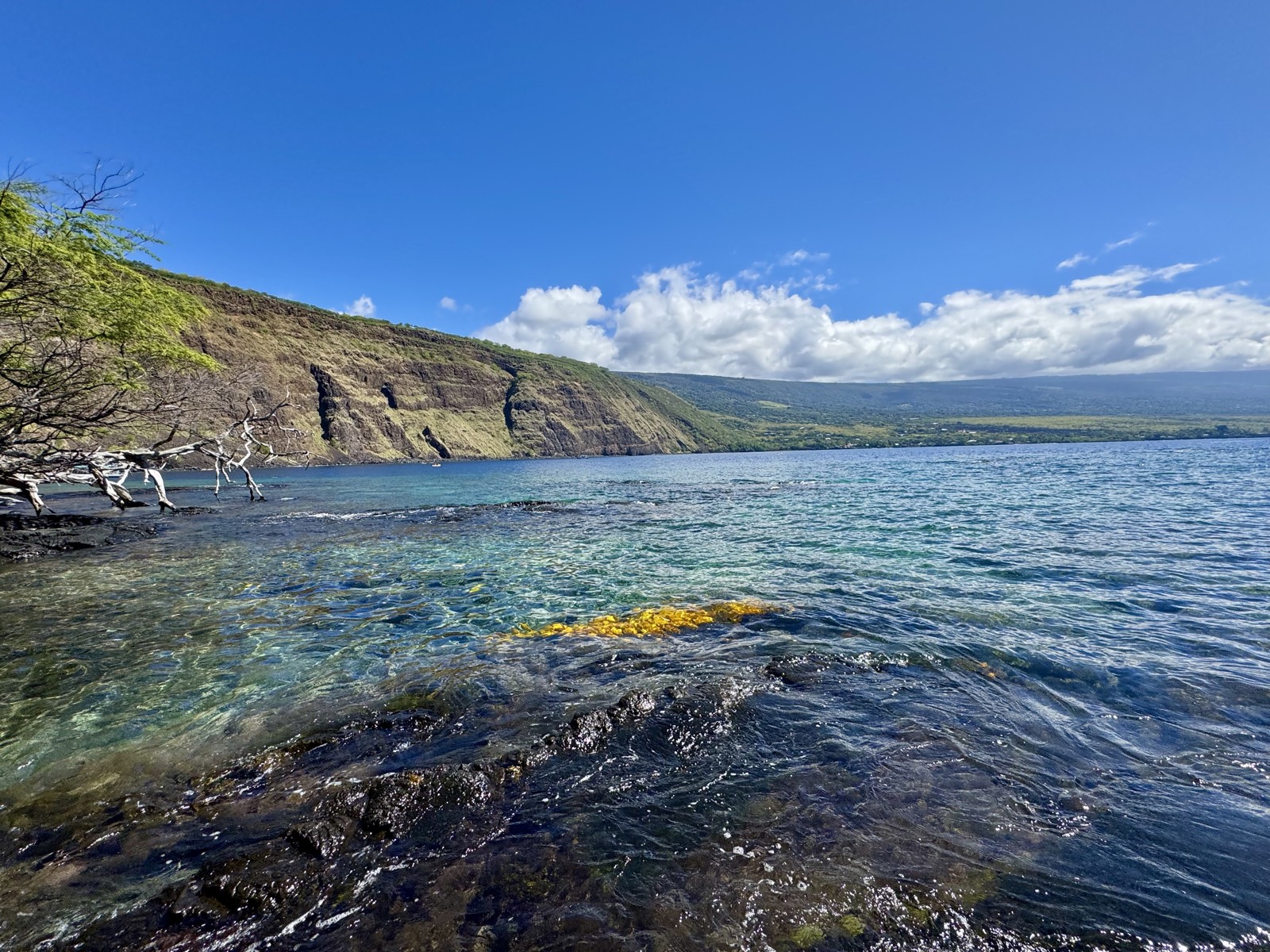 A calm turquoise Hawaiian bay ringed by green cliffs