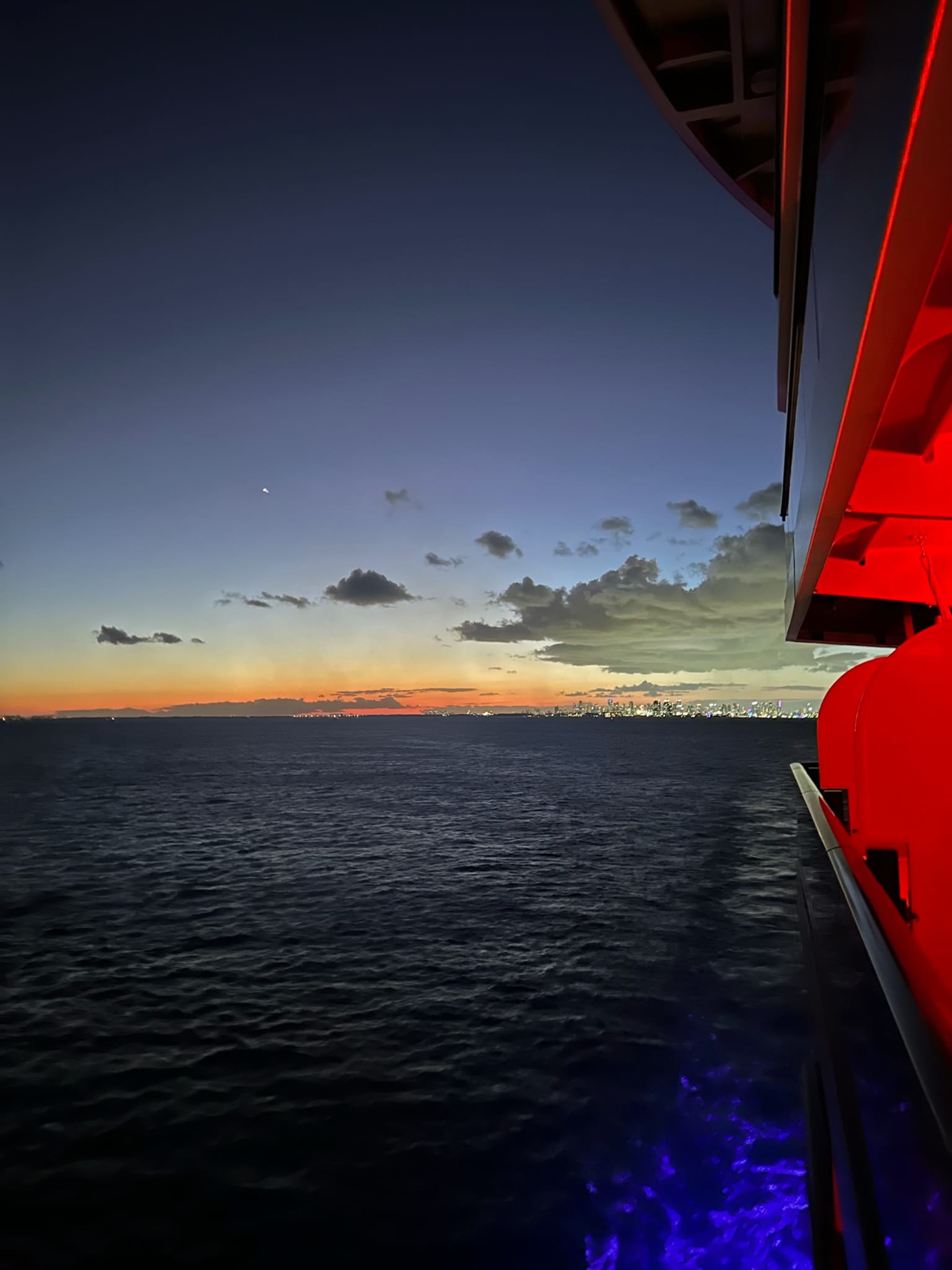 View of Miami from a Virgin Voyages Sea Terrace Cabin at Sunset